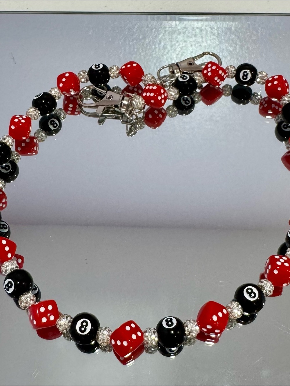 New Beaded Red & Black Dice and 8-Ball Bag Chain 18 inches